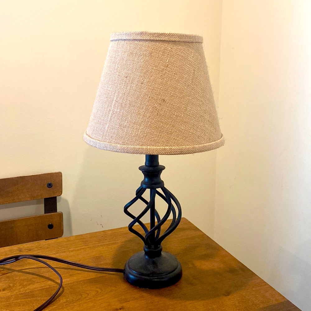 Cute table lamp with light brown burlap shade